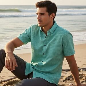 Mizzen+Main Leeward Short Sleeve Shirt Aqua Microprint Large Performance Stretch